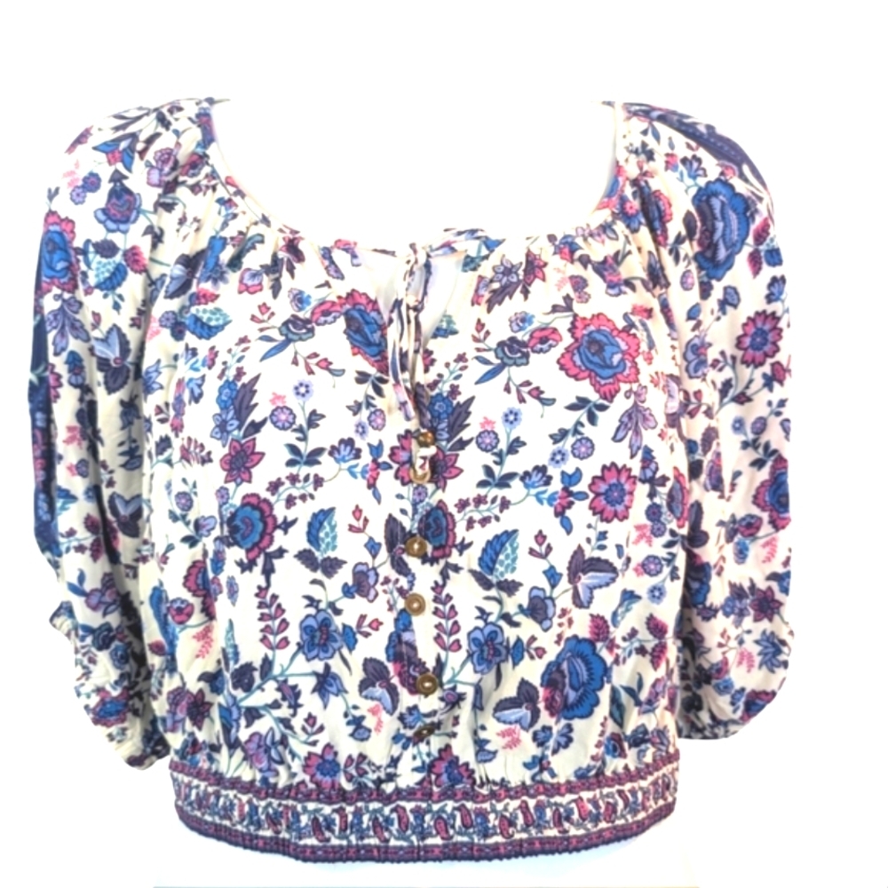 NEW....Joie Floral Crop Top Bohemian Peasant Buttons ...Size Medium